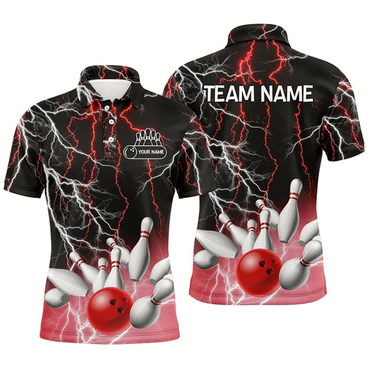 Goofygear Mens Polo Bowling Shirt Custom Bowling Red Lightning Thunder Team League Jersey