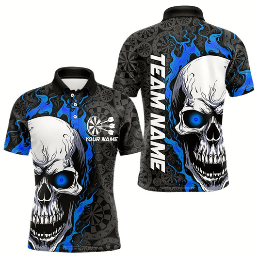 Goofygear Black And Blue Flame Skull Custom Dart Polo Shirts For Men, Fire Dart Team Jerseys