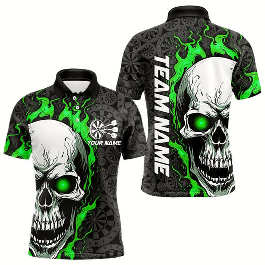 Goofygear Black And Green Flame Skull Custom Dart Polo Shirts For Men, Fire Dart Team Jerseys
