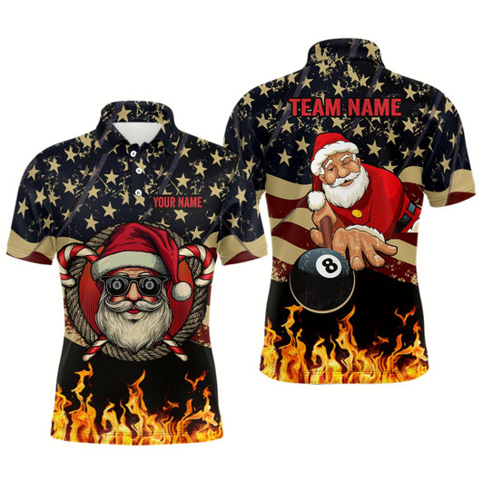 Goofygear Funny Christmas Santa And Billiard Usa Flag Fire Custom Men Polo Shirts Patriotic Christmas Shirts Style 2