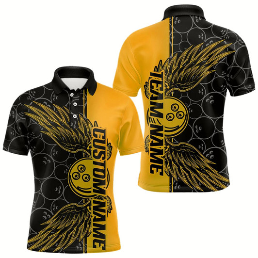 Goofygear Black And Yellow Custom Bowling Ball And Wings Bowling Polo Shirts For Men, Team Uniform