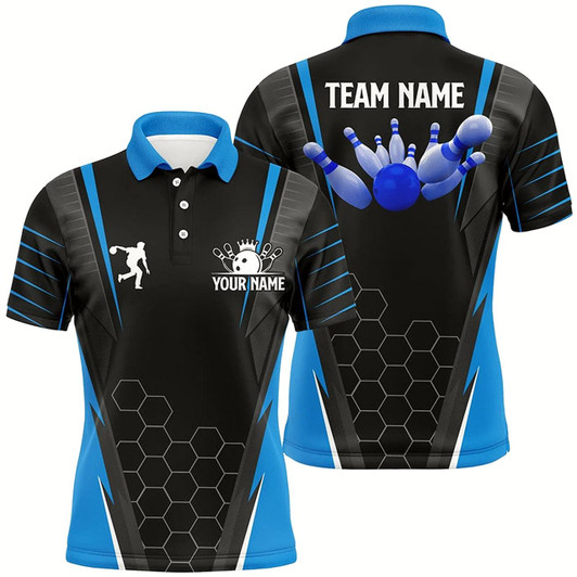 Goofygear Black Men'S Bowling Polo Shirt Custom Name Mens Bowlers Jersey, Team Bowling Outfits Blue