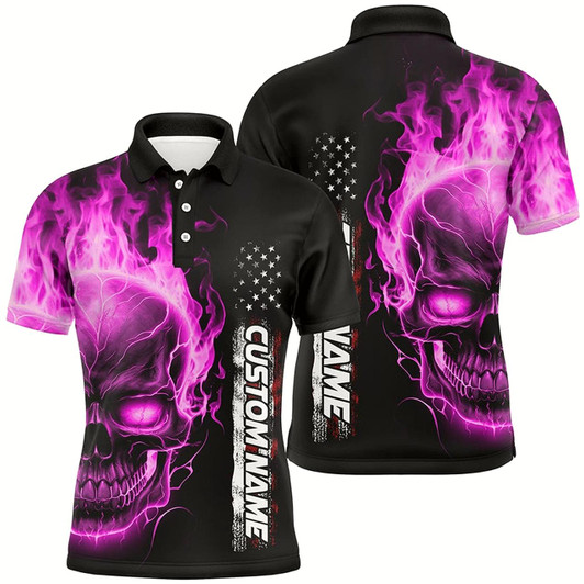 Goofygear Pink Flame Skull Custom Bowling Polo Shirts For Men , American Bowling Team Jerseys