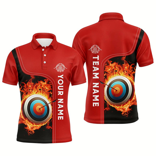 Goofygear Personalized Black Red Flaming Target Archery 3D Polo Shirts For Men, Custom Archery Team Jerseys