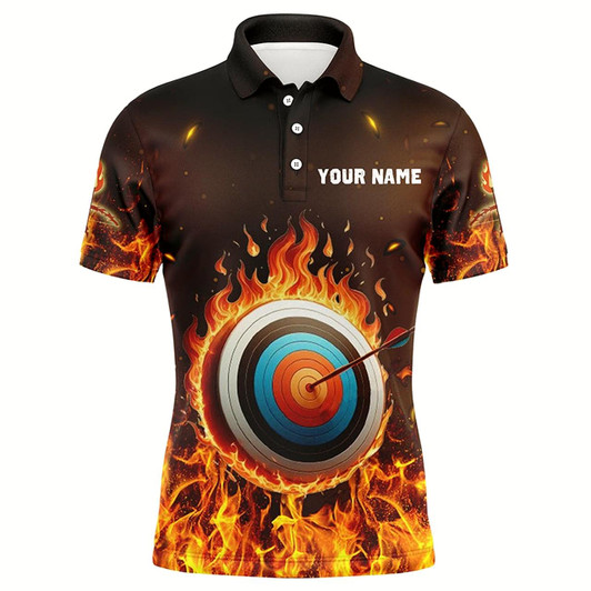 Goofygear Personalized Fire Target Archery 3D Polo Shirts For Men, Custom Flaming Archery Bow Arrow Jerseys