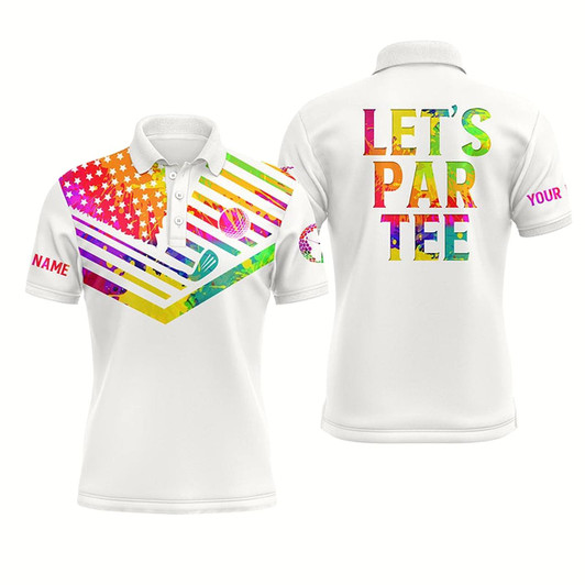 Goofygear Mens Golf Polo Shirt Watercolor American Flag Patriot Golf Custom Name Let’S Par Tee White Golf Shirt
