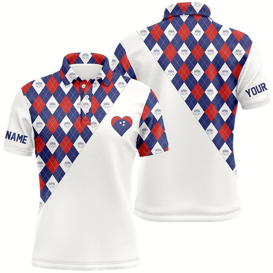 Goofygear Personalized Red White And Blue Argyle Pattern Bowling Polo Shirt For Men, Custom Bowling Heart Jersey Style 1