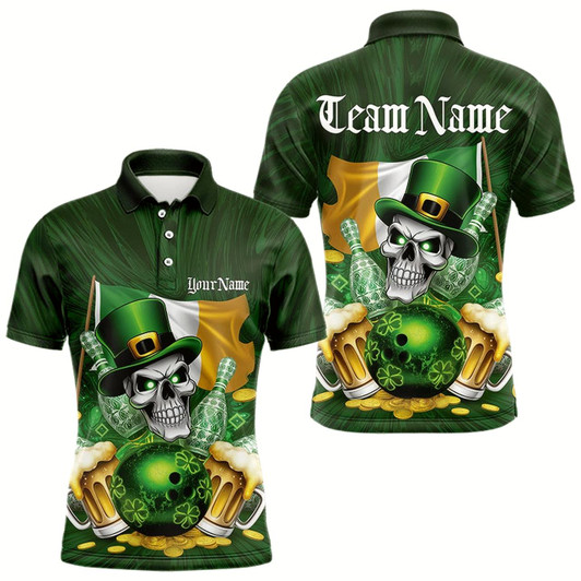 Goofygear Custom Irish Flag St Patricks Day Bowling Polo Team Shirts For Men, Skull Leprechaun Bowling Style 2