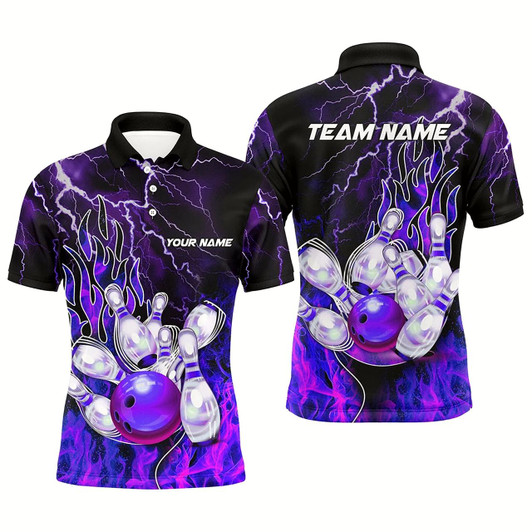 Goofygear Men Bowling Polo Shirt Custom Purple Lightning Thunder Bowling Team Jersey, Gift For Team Bowlers