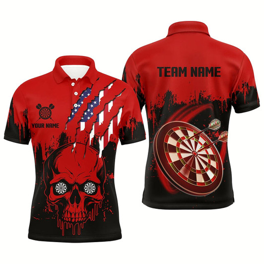 Goofygear Black Red Dart Skull Us Flag Men Darts Polo Shirts Custom Patriotic Darts Jerseys Team Shirts
