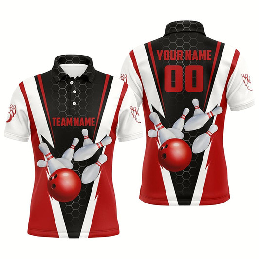 Goofygear Strike Bowling Custom Red Bowling Polo Shirts For Men, Bowling Team Jerseys With Name And Number