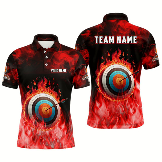 Goofygear Personalized Red Flaming Target Archery 3D Polo Shirts For Men, Fire Bow And Arrow Archery Jerseys