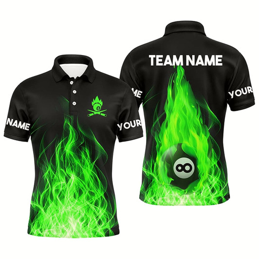 Goofygear Custom Name Green Flaming Billiard 3D Polo Shirts For Men Custom Billiard 8 Ball For Team