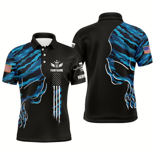 Goofygear Blue Camo Skull Black Us Flag Custom Name, Number Men Disc Golf Polo Shirts, Disco Golf Outfit For Men Style 1