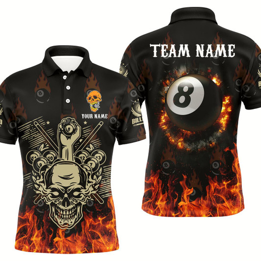 Goofygear Personalized Billiard Skull 8 Ball Pool Fire Polo Shirts For Men Custom Ball 8 Billiard Shirts