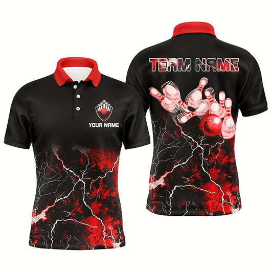 Goofygear Men Bowling Polo Shirt Red Lightning Thunder Custom Bowling Ball Pins Bowling Jerseys For Bowler Style 1