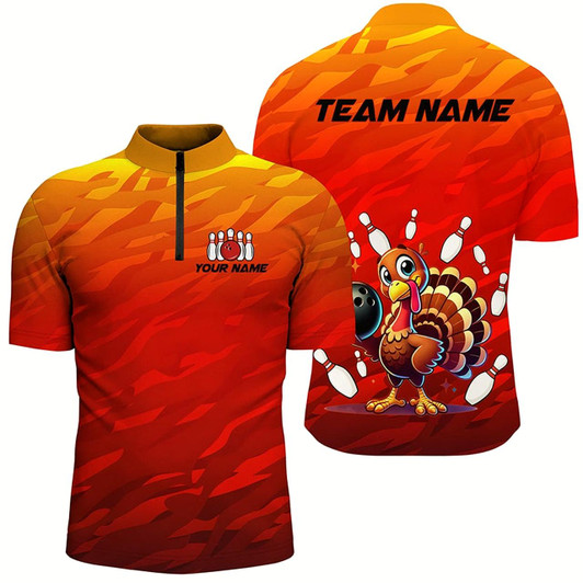 Goofygear Custom Funny Turkey Bowling Shirts For Men, Orange Camo Thanksgiving Bowling Shirt Team Uniform