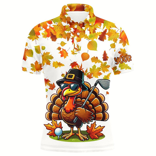 Goofygear Thanksgiving Autumn Leaf Pattern Custom Mens Golf Polo Shirts, Funny Turkey Golf Tops For Mens
