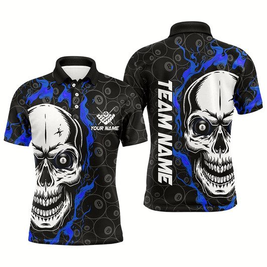 Goofygear Personalized Blue Flame Skull Billiard Polo Shirts For Men Custom Team Name Billiard Jerseys