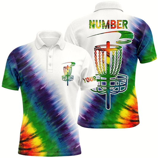 Goofygear Mens Disc Golf Polo Shirts With Colorful Rainbow Tie Die Disc Golf Basket Custom Men Disc Golf Apparel