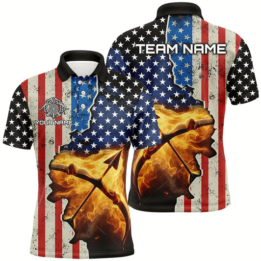Goofygear Personalized Us Flag Archery Bow And Arrow Fire 3D Polo Shirts For Men, Custom Archery Team Jerseys