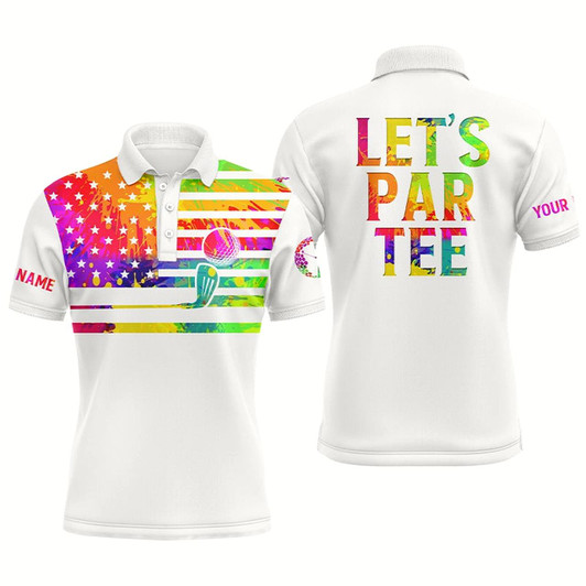 Goofygear Mens Golf Polo Shirt Watercolor American Flag Custom Name Let’S Par Tee White Golf Shirt