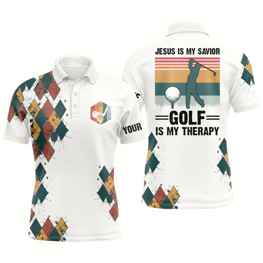 Goofygear Mens Golf Polo Shirts Jesus Is My Savior Golf Is My Therapy Custom Name Vintage Best Mens Golf Wear Style 1