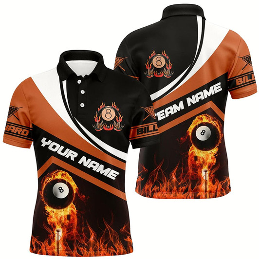 Goofygear Customized Name Flaming 8 Ball 3D Billiard Polo Shirts For Men, Custom Billiard 8 Ball For Team