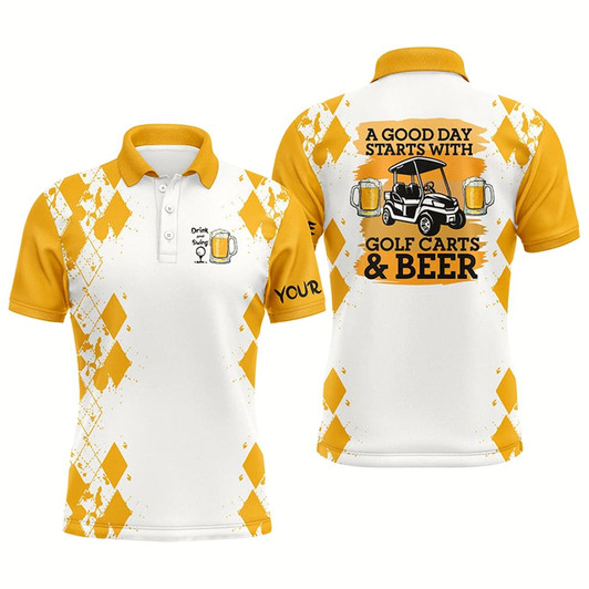 Goofygear Mens Golf Polo Shirt Custom Name A Good Day Starts With Golf Carts And Beer, Funny Golf Beer Shirts