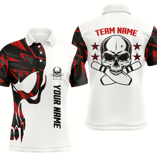 Goofygear Red And White Bowling Polo Shirts For Men Custom Name And Team Name Skull Bowling, Bowling Team Shirts