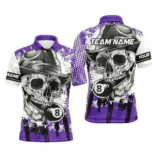Goofygear Personalized Purple Billiard Skull Holding 8 Ball Men Polo Shirts Custom Billiard Jersey Attire