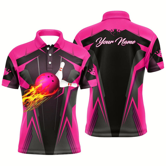 Goofygear Personalized Mens Polo Shirt Flame Bowling Ball Pins, Bowling Jerseys For Bowlers Pink