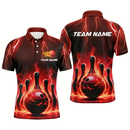 Goofygear Mens Bowling Polo Shirts Custom Red Thunder Lightning Bowling Team Jerseys Bowler Outfits