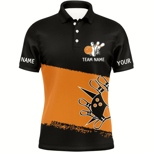 Goofygear Black Orange Bowling Balls And Pins Custom Team Bowling Polo Shirts For Men, Team Bowling Jerseys