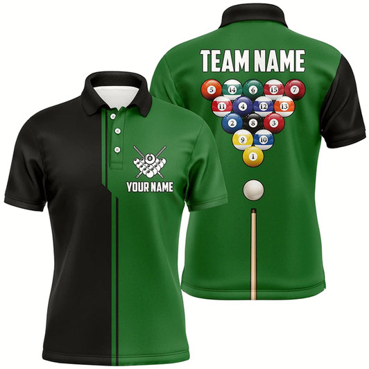 Goofygear Custom Name Black And Green Billiard Polo Shirts For Men Custom Gifts For Billiards Players