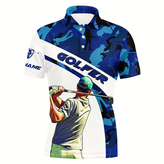 Goofygear Mens Golf Polo Shirt Blue Camo Custom Name Best Mens Golf Wear, Personalized Golf Gifts Style 1