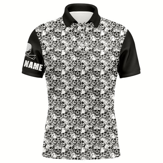 Goofygear Black And White Mens Golf Polo Shirts Custom Name Skull Pattern Men'S Golf Outfit