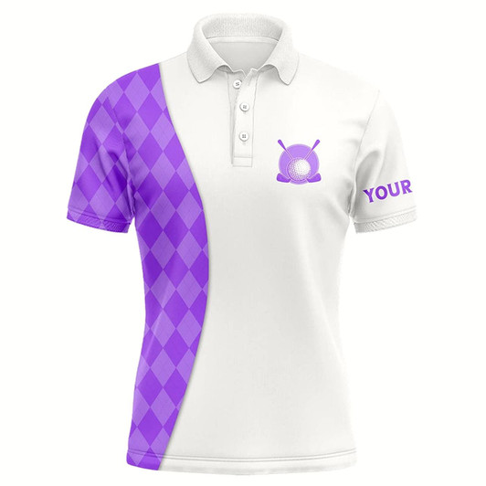 Goofygear White Mens Golf Polo Shirts Custom Purple Argyle Plaid Pattern Golf Tops, Best Mens Golf Wear