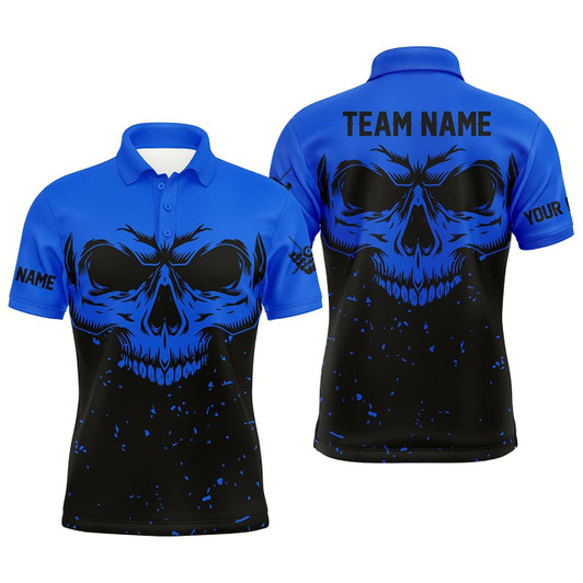 Goofygear Custom Grunge Black Blue Skull Billiard Men Polo Shirts, 8 Ball Billiards Apparel Clothing