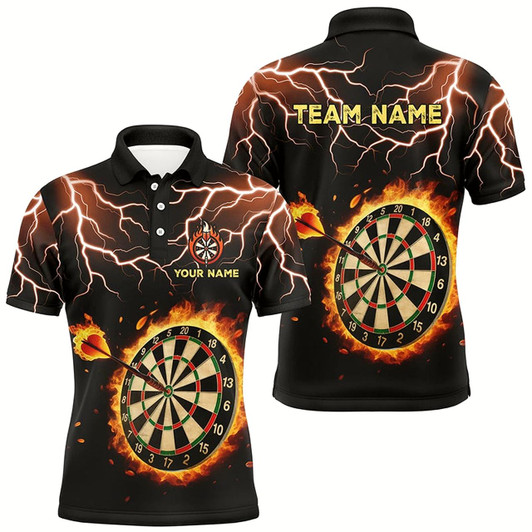 Goofygear Personalized Fire Darts Board Thunder Lightning Custom Men Dart Polo Shirts, Darts Team Jerseys