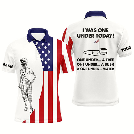 Goofygear Mens Golf Polo Shirts American Flag White Golf Skull Custom I Was One Under Today Tree, Bush And Water