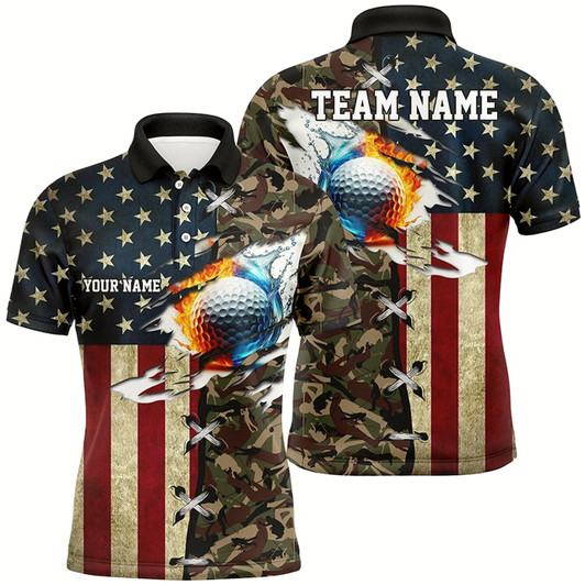 Goofygear American Flag Camo Mens Golf Polo Shirts Custom Fire Water Golf Ball Team Golf Shirts, Golfing Gifts