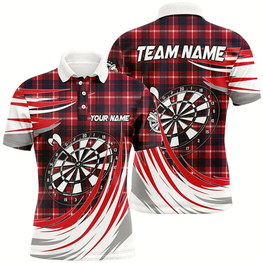 Goofygear Personalized Red Darts Board Plaid Pattern Men Darts Polo Shirts Custom Darts Team Jersey Attire