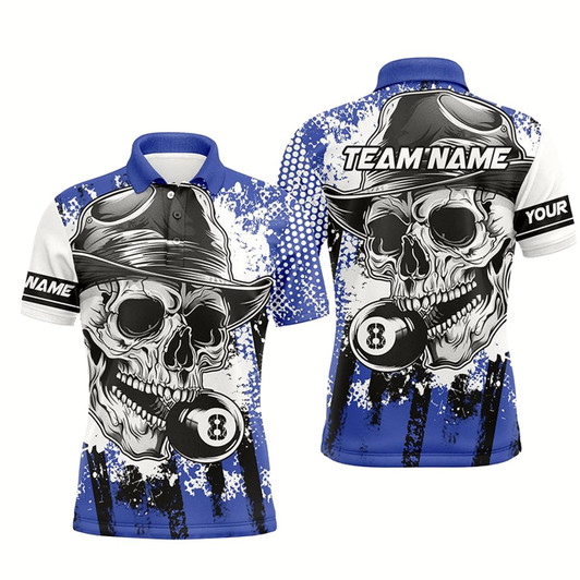 Goofygear Personalized Blue Billiard Skull Holding 8 Ball Men Polo Shirts Custom Billiard Team Jersey Attire