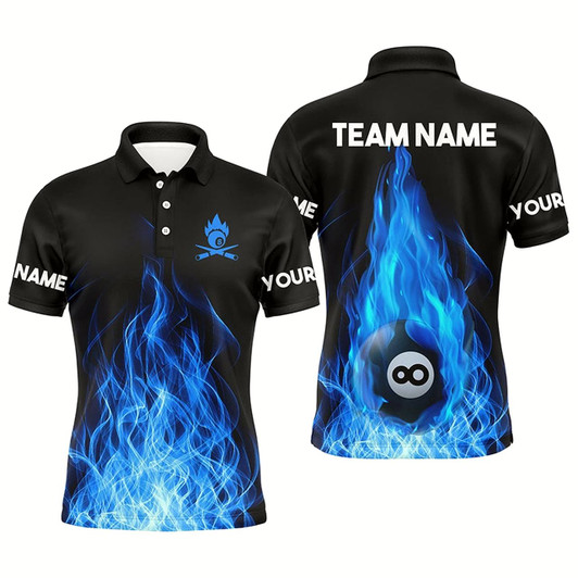 Goofygear Custom Name Blue Flaming Billiard 3D Polo Shirts For Men Custom Billiard 8 Ball For Team
