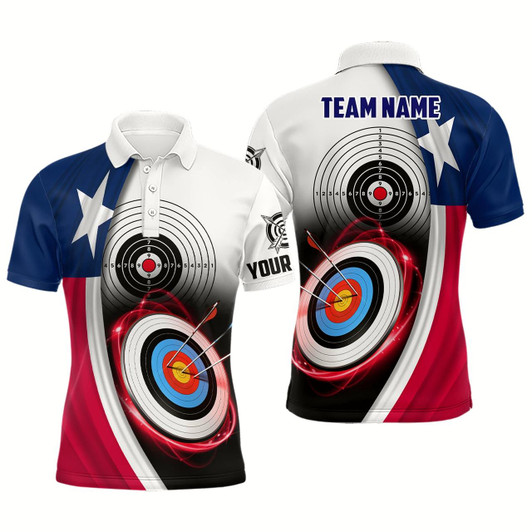 Goofygear Texas Flag Archery 3D Target Personalized Men Polo Shirts, Patriotic Texas Archery Jerseys For Team