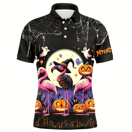 Goofygear Funny Mens Golf Polo Shirts Custom Name Black Halloween Pattern Flamingo Golf Friend Outfits Style 2