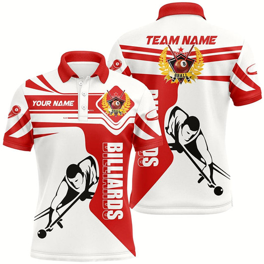 Goofygear Personalized Billiard White And Red Pool Player Polo Shirts For Men, Custom Name Team For Player