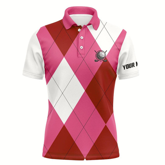 Goofygear Mens Golf Polos Shirts Custom Pink And White Golf Argyle Plaid Pattern, Personalized Golf Gifts