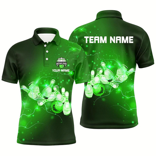 Goofygear Mens Bowling Polo Shirts Custom Green Flashes Of Lightning Thunder Bowling Team Mens Bowler Jerseys